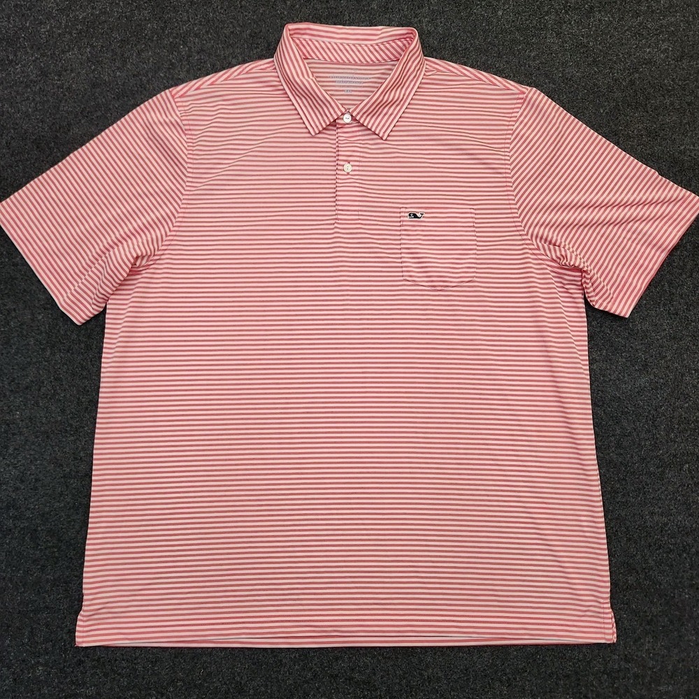 Vineyard Vines Performance Mens XXL White Red Striped Polo Shirt Whale Logo Golf